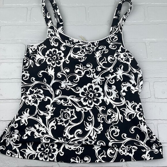 Lands End Swim Top Women 12A Black White Floral Bra Pads Wide Tankini Boho Beach - Picture 1 of 8